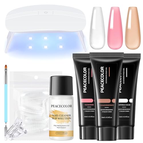 PEACECOLOR Poly Nägel Gel Rekonstruktion Kit mit U V Lampe 3 Farben Rosa Transparent Braun Poligel Verlängerung falsche Nägel Kit Nägel