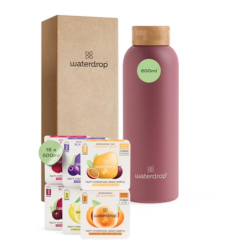 waterdrop® - Muttertagsgeschenk Set - 600ml Trinkflasche mit Geschmack inkl. 18 zuckerfreie Drops - Geschenk für Frauen - Probierpaket mit Wasserflasche - Edelstahl Trinkflasche Kohlensäure geeignet