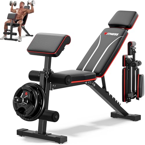 XDDIAS Hantelbank Klappbar mit Beinstrecker und Preacher-Curl-Polster, Verstellbar Trainingsbank für das Heim-Fitnessstudio, Faltbare Trainingsbank, Schnell Zusammenklappbare Neigung/Neigung