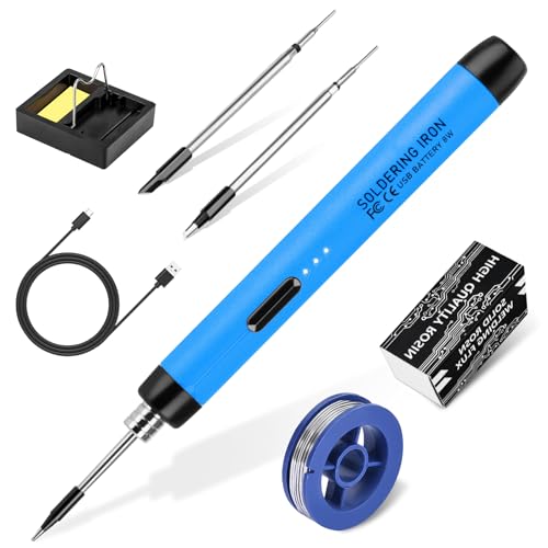 Kabelloses Lötkolben Set - USB Lötkolben mit 3 Temperatur Einstellbar 300℃-450℃, 3 Lötspitzen, Lötkolbenständer, Lötdraht, Lötpaste, KKMOL Lötset für Reparatur des Schweißens - Blau