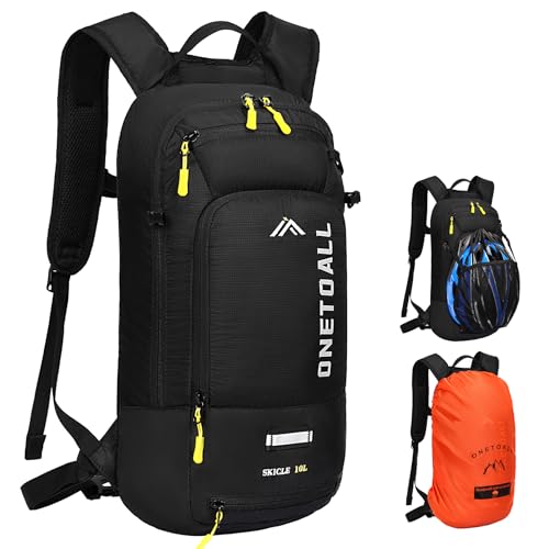 ONETOALL Fahrradrucksack klein mit Regenschutz und Helmnetz, MTB Rucksack 10L für Damen und Herren, Skirucksack, Bike Rucksack, Laufrucksack wasserdicht zum Radfahrren Wandern Skifahren Outdoorsports