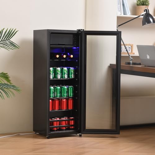 Merax Getränkekühlschrank, 128L Mini Kühlschrank mit 8L Gefrierfach, Kühlschrank Klein mit 4 Ablagen, Indoor Outdoor Klein Bierkühlschrank,perfekt für Zuhause/Küche/Bar/Büro, Schwarz