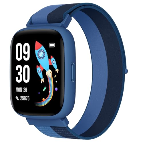 BIGGERFIVE Smartwatch Kinder, 1,8' Fitness Uhr Schrittzähler, 24/7 Puls, IP68 Wasserdicht, Schlafmonitor, Wecker, 5 Puzzlespiele mit/ohne App, Fitness Tracker für Mädchen Jungen Teens 5–16, Nylon