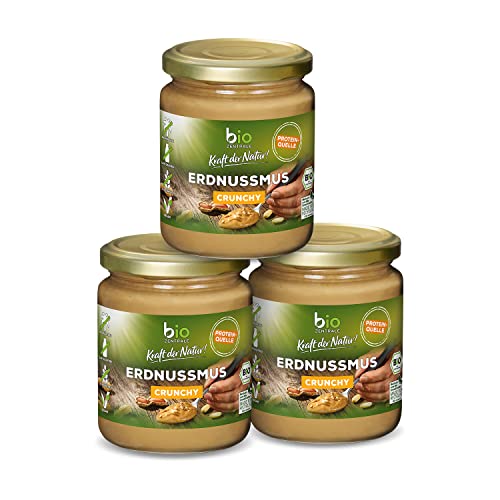 Biozentrale Erdnussmus Crunchy | 3 x 250 g Nussmus | vegane, glutenfreie Protein Quelle | ohne Palmöl, enhält natürlichen Zucker | Peanut Butter für Brot und Smoothi, Streichzarte Erdnussbutter