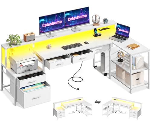 Coleshome Schreibtisch L Form mit Schubladen, 195x100cm Gaming Tisch mit Steckdose, LED & Monitorständer, Reversibler Eckschreibtisch mit Stauraum, Computertisch mit Regal für Büro, Weiß