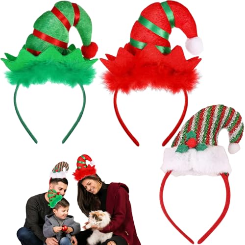 Qeioauek Weihnachts-Haarreifen, Elfenmütze Stirnband, 3 Stück Kopfschmuck, Weihnachtsmütze Haarreif, Weihnachtsaccessoires für Kinder und Erwachsene
