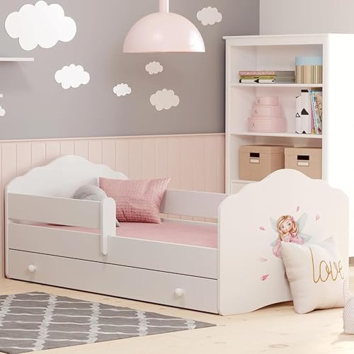 Kinderbett 70x140cm mit Matratze und Schublade Lattenrost & Rausfallschutz Bett für Kinder Bett Bed Rausfallschutz Kinderbett Jugendbett Einzelbett Komplettbett in weiß | von Geburt bis 6. Lebensjahr
