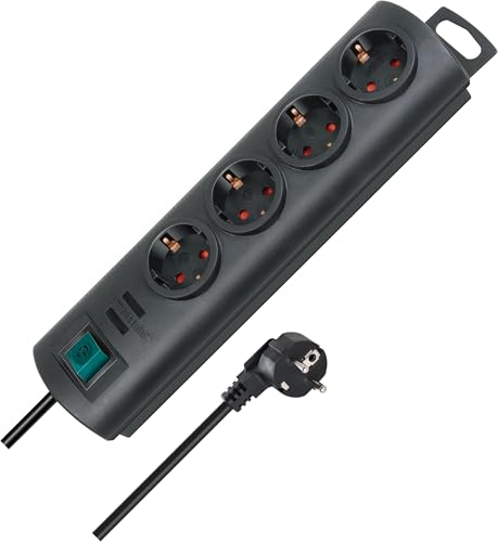 Brennenstuhl Primera-Line Steckdosenleiste 4-Fach (Mehrfachsteckdose mit Schalter und 1,5m Kabel, 90° Anordnung der Steckdosen) schwarz