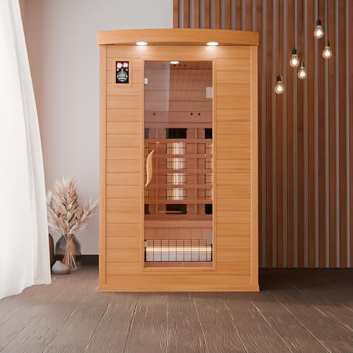 Dewello® Infrarotkabine Infrarotsauna Hyder 115x105 für 1-2 Personen aus Hemlock Holz mit Vollspektrumstrahler, LED-Farblicht, Bluetooth, FM,MP3,USB