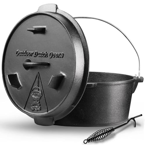 Dutch Oven, Dutch Oven 9 liter, Eingebrannter Feuertopf mit Deckelheber, Gusseiserner Feuertopf mit Doppelfunktions-Deckel, Für Outdoor and Indoor, Schwarz