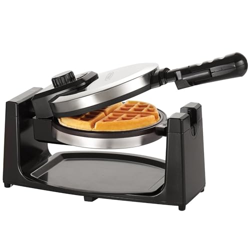 BELLA Klassisches rotierendes belgisches Waffeleisen mit Antihaftplatten, Abnehmbarer Tropfschale, Einstellbarer Bräunungskontrolle und Cool-Touch-Griffen, Edelstahl, 100 Watt