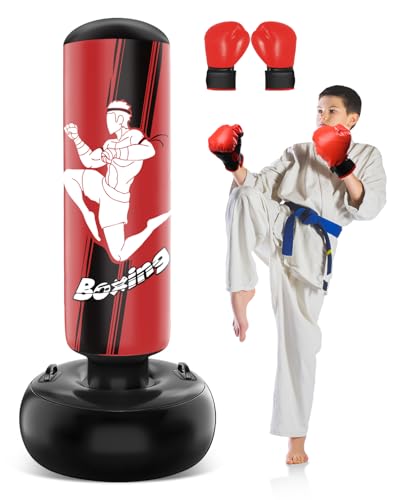 NZQXJXZ Boxsack Stehend 165cm Aufblasbarer Boxsack Kinder mit Boxhandschuhen zum Üben von MMA Karate Taekwondo und zum Abbau von aufgestauter Energie