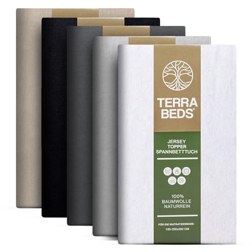 Terra Beds Premium Topper Spannbettlaken 180x200 cm - 200x200cm 160g/m2-100% Hochwertiges Oeko-TEX Baumwoll Jersey Spannbetttuch für boxspringbett Topper – Erhältlich in 10 Farben