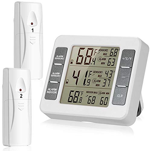 Kühlschrankthermometer, Kühlschrank Thermometer mit 2 Kabellosen Sensoren mit Akustischem Alarm für den Innen- und Außenbereich leicht lesbarem LCD-Display (Akku nicht im Lieferumfang enthalten)