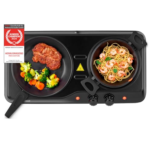 TZS First Austria Infrarot Keramik-Herdplatte doppelt | ALLE Topfarten | Doppelkochplatte 19cm / 16,5cm | Kochfeld für Umzug, Camping, Ferienwohnung - schnelles Aufheizen & stufenlose Einstellung