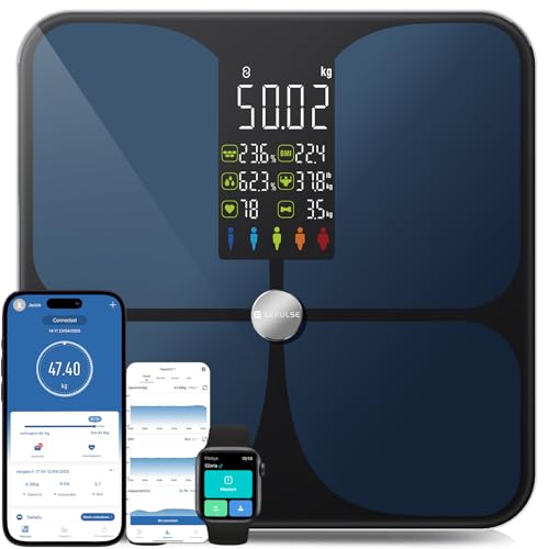 Lepulse Körperfettwaage Lescale F4, Waage mit Körperfett und Muskelmasse, Personenwaage mit körperfettanalyse, körperanalysewaage, ultra precision körperwaage, Trend, Großes Display, 15 Körpermaße