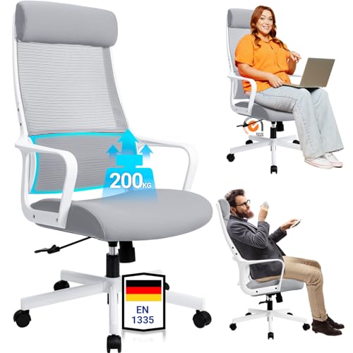 MELOKEA Bürostuhl Ergonomisch, Schreibtischstuhl mit Verstellbarer Kopfstütze, Bürostuhl 200 kg, Höhenverstellbar, Elastische S-förmige Lendenwirbelstütze, Mesh Stuhl Weiß, EN 1335 Computerstuhl, Grau