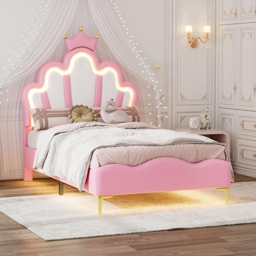 CoziFome Kinderbett 90x200, Kronen-Prinzessinnenbet mit Höhenverstellbarem LED Kopfteil und Lattenrost, Bett Polsterbett Mädchenbett Rückenlehne Bettgestell, Polsterung aus PU-Leder (Rosa-029)