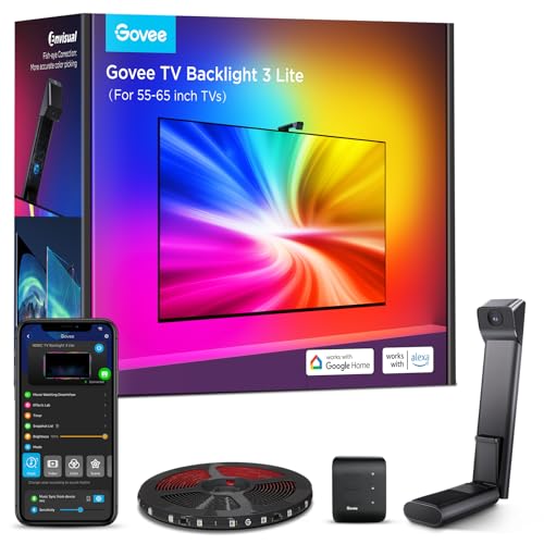 Govee TV Hintergrundbeleuchtung 3 Lite mit Fish-Eye Korrektur Funktion, Sync für 55-65 Zoll TVs, 3,6M RGBICW WiFi TV LED Strip mit Kamera, 4 Farben in 1 Lampenperle, Sprach- & APP-Steuerung