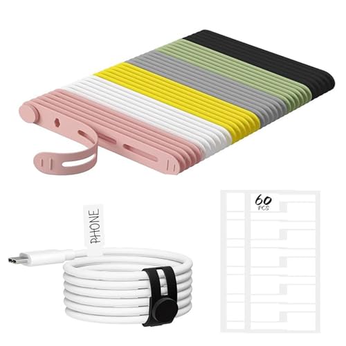 Parthan 30 Stück Wiederverwendbare Silikon-Kabelbinder, Kabelmanagement-Lösungmit 60 Stück Kabeletiketten, Multicolor Kabelbinder aus Silikon, Langlebige, Flexible und Farbige Kabelorganizer