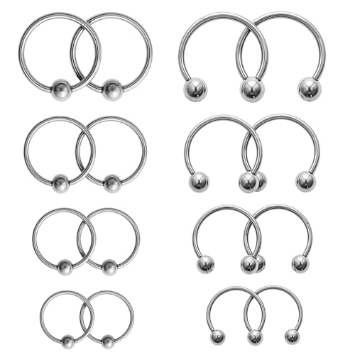 Tucnoeu 16pcs Lippenpiercing Fake Septum Lippenbändchen Piercing Set Septum und Hufeisen Piercing Ringe aus Edelstahl, 6mm/8mm/10mm/12mm, Stahlfarbe