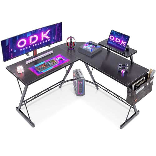 ODK Gaming Tisch, Gaming Schreibtisch Eckschreibtisch für Gamer, Schreibtisch L Form mit Monitorständer für Büro (Schwarz, 127 x 127 cm)