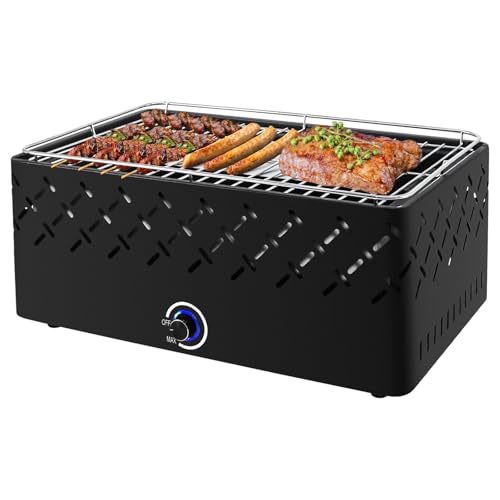 kisidus Holzkohlegrill Tischgrill mit Lüfter, Camping Grill mit eingebauten Gebläse, Rauchfreier Kohlegrill 45,5 x 28 cm Grillrost, Tragbarer Grill für Outdoor und Indoor, Schwarz