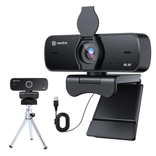 N newline PC Webcam 4k/30fps mit 2 Mikrofonen mit Rauschunterdrückung, Autofokus, Lichtkorrektur, mit Privacy Shutter und Stativ, USB 2.0 UHD Webcam für PC Mac Desktop Skype Streaming