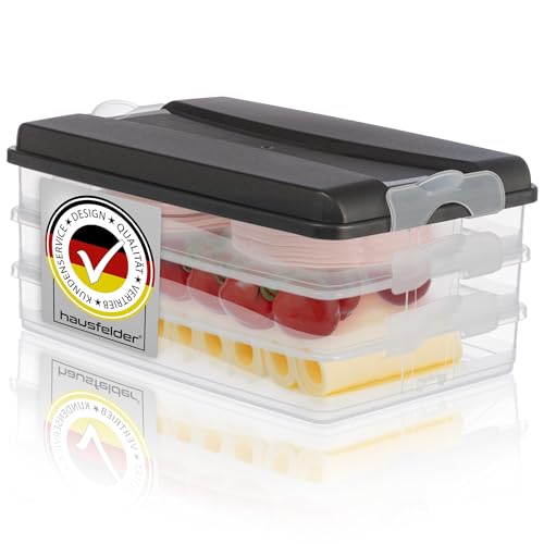 Hausfelder Kühlschrank Aufschnitt Box für Wurst und Käse, Aufschnittdosen mit Deckel stapelbar, 3 Frischhaltedosen und Wurstbox (3 Anthrazit Stapeldosen: 3x flach)