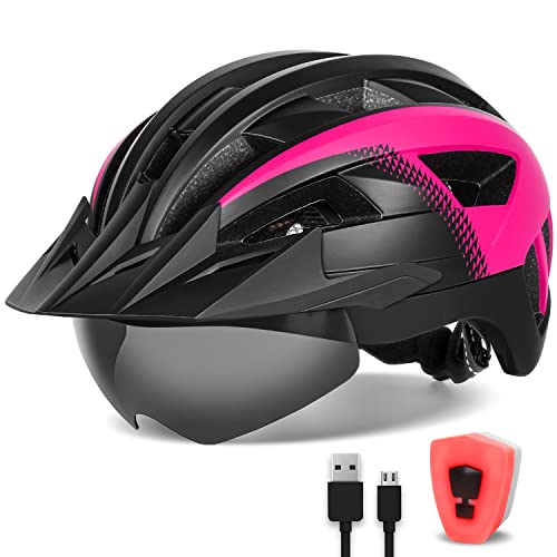 FUNWICT Fahrradhelm mit Visier für Herren Damen, Leichte Fahrradhelm mit Magnetischem Brille und USB-Aufladung LED Licht, Stylisch Mountainbike Helm (M: 54-58 cm, Schwarz Rosa)