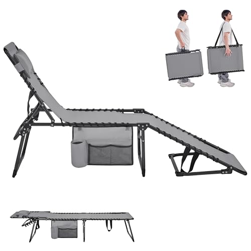 Yaheetech Klappbar Sonnenliege mit Kissen & Seitentasche & 5-Fach Verstellbarer Rückenlehne, Stabil & Tragbar Strandliege Gartenliege Campingbett bis 120kg für Outdoor, 189x57x38 cm, Grau