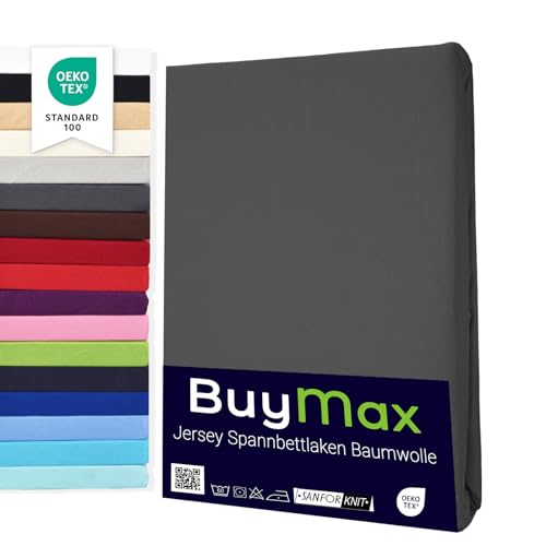 Buymax Spannbettlaken 140x200cm Baumwolle 100% Spannbetttuch Bettlaken Jersey, Matratzenhöhe bis 25 cm, Farbe Anthrazit ÖKO TEX Standard