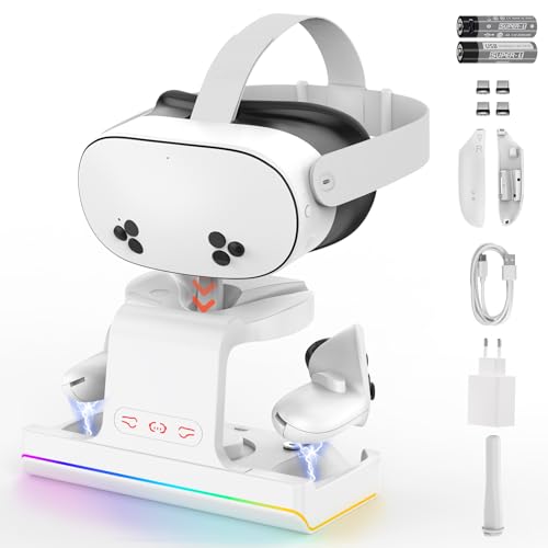 GEEKERA Ladestation für Meta Quest 3S, Schnellladestation für Oculus Quest 3S mit RGB-Leuchten, 2 wiederaufladbare Batterien, Magnetisches Ladegerät für Quest 3S VR-Headset und Elite Strap