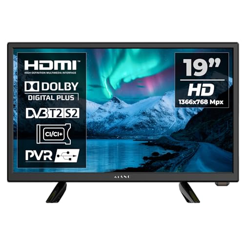 Kiano 19' Camping Fernseher – DLED HD TV (1366×768) – 12V/230V – DVB-T2/S2/C – HDMI USB CI VGA – Kompakt & mobil – Schwarz