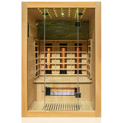 Dewello Infrarotkabine Infrarotsauna Milton 135x105 für 1-2 Personen aus Hemlock Holz mit Vollspektrumstrahler, LED-Farblicht Sternenhimmel und Steinwand, Bluetooth, FM,MP3,USB
