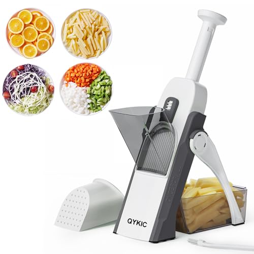 QYKIC Gemüseschneider, ONCE FOR ALL Verstellbar Gemüsehobel Mandoline Vegetable Slicer Kartoffelschneider Zwiebelschneider aus Kunststoff Grau aus Edelstahl