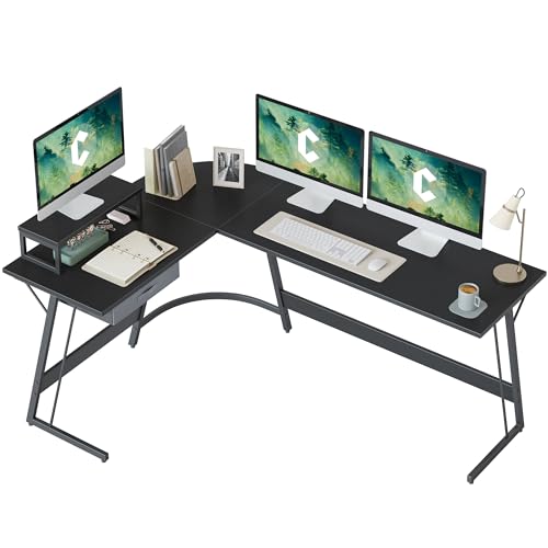 CubiCubi Eckschreibtisch Studie 170 x 120 cm, Stabil Schreibtisch l Form für Büro, Computertisch Mit Monitorständer und Schubladen, Platzsparend, Einfach zu Montieren Eck Tisch, Schwarz