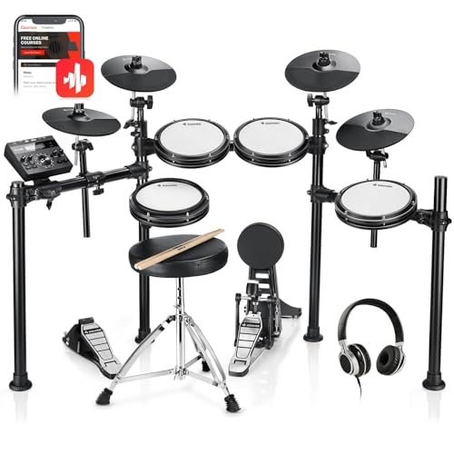 Donner DED200X E Drum Set, E Drums mit leisen Mesh Drum Pads, 2 Becken mit Choke, 31 Kits und über 450 Sounds, Thron, Kopfhörer, Sticks, USB-MIDI, Melodienunterricht (5 Pads, 4 Becken)