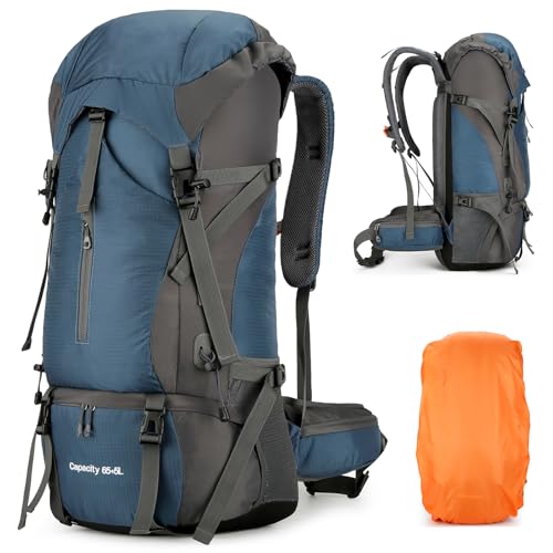 Wanderrucksack 70L für Herren Damen, Ultraleichter Campingrucksack Trekkingrucksack Reiserucksack Großer Wasserdichter Wandern Rucksack mit Regenhülle für Trekking, Bergsteigen, Outdoor (Dunkelblau)
