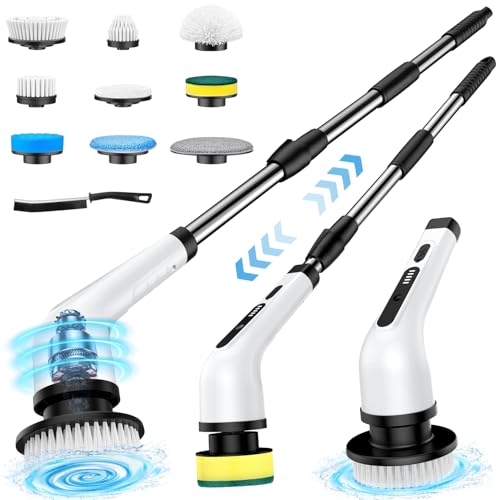 Elektrische Reinigungsbürste, Electric Spin Scrubber Schnurlos mit 9 Austauschbaren Bürstenköpfen, 3 Geschwindigkeit, Verstellbarer Griff, LED Bildschirm Elektrische Bürste für Bad Küche Auto Fliesen