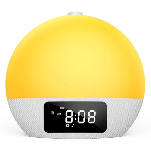 Foryond Tageslichtwecker,Lichtwecker Sonnenaufgang Wecker Digital Wake Up Light mit 25 beruhigende Klänge in 16 Helligkeit,Doppelalarm,8 Volltonfarben 9 farbige Licht, Wecker mit Projektion Weiß