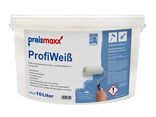 Preismaxx Profiweiß Wandfarbe weiß 10L, hohe Deckkraft, Dispersionsfarbe weiß innen, Innenwandfarbe Raumfarbe weiß deckend, Deckkraftklasse 2, matt Innenfarbe Profi Qualität