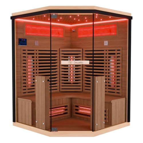 Dewello® Infrarotkabine Infrarotsauna KENORA 140x140 für 2-3 Personen aus Hemlockholz, Vollspektrumstrahler, Bodenstrahler, LED-Farblicht, Bluetooth