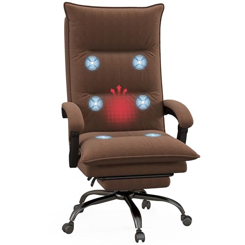 Vinsetto Bürostuhl mit Massagefunktion Ergonomischer Schreibtischstuhl mit Lendenheizung, Liegefunktion, Fußstütze Höhenverstellbar 360° Drehbar Chefsessel, Mikrofaser, Braun