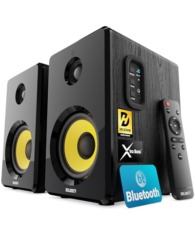 MAJORITY D40X Aktiv Regallautsprecher | 70W 2.0 Gelber Kevlar-Kegel Monitor Lautsprecher | Studio Monitor mit Bluetooth | Bookshelf HiFi Speakers mit Optische, RCA, USB AUX & Inklusive Fernbedienung