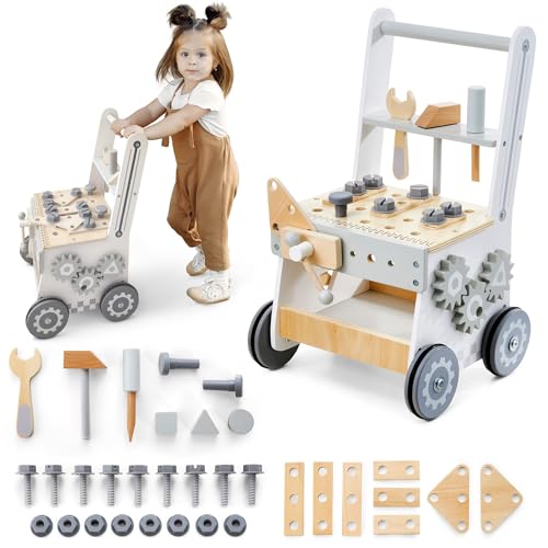 Mamabrum Lauflernwagen Holz mit Werkbank-Set - Baby Lauflernwagen mit Gummibereifung, Werkzeug & Bausteine - Holzspielzeug Laufhilfe für Kinder (47 Teile)