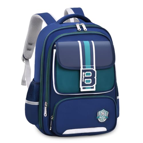 IvyH Schulrucksack Jungen 2-5 Klasse, 20 Liter Ergonomischer Kinder Rucksack für Grundschule, Wasserdicht Schulranzen Kinder Schultasche für Junge, 8-12 Jahre, Marineblau Grün