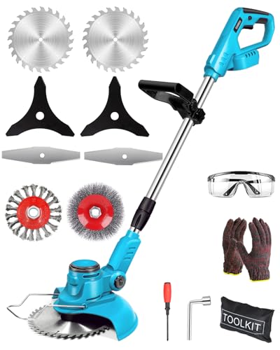 Akku Rasentrimmer für Makita-Akkus mit 4 Klingentypen Bürstenlose Rasentrimmer mit Unkrautbürste, 4-in-1 rasentrimmer elektrisch, 90° Schwenkbarer Kopf für Rasen Garten Beschneiden (Blue)