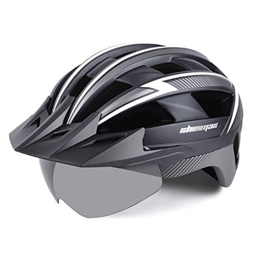 Shinmax Fahrradhelm für Herren Damen MTB Fahrradhelm mit LED USB Rücklicht Radhelm mit Visier Magnetischem Abnehmbarem Schutzbrille Mountainbike Helm Fahrradhelme Einstellbarer 57-62 cm