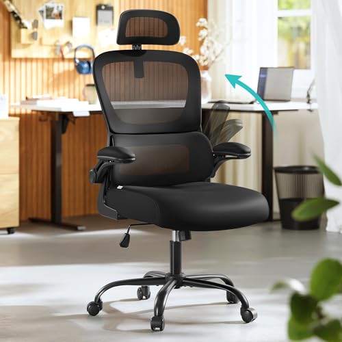 SONGMICS Bürostuhl, Schreibtischstuhl, ergonomischer Netzstuhl, mit doppellagigem Netzgewebe, klappbare Armlehnen, verstellbare Lenden- und Kopfstütze, Wippfunktion, tintenschwarz OBN041B01